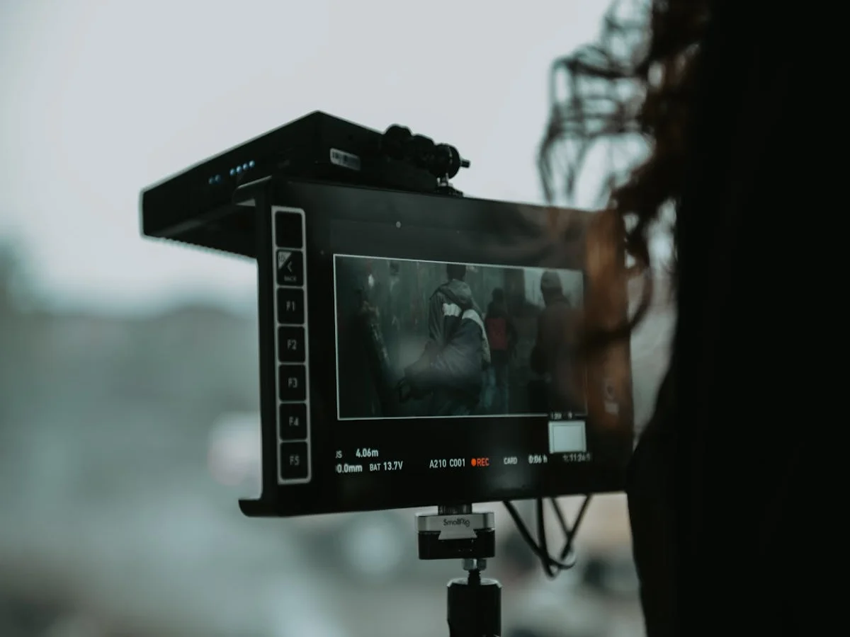 Omni Video filmmaker working on storyboard and production monitor